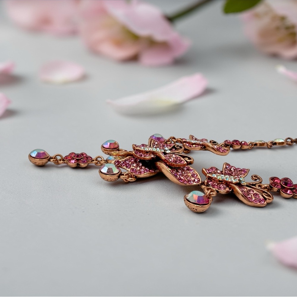 Kirks Folly Pink Butterfly Rhinestone Necklace AB Drop Signed 16”-19” whimsical - Picture 15 of 17